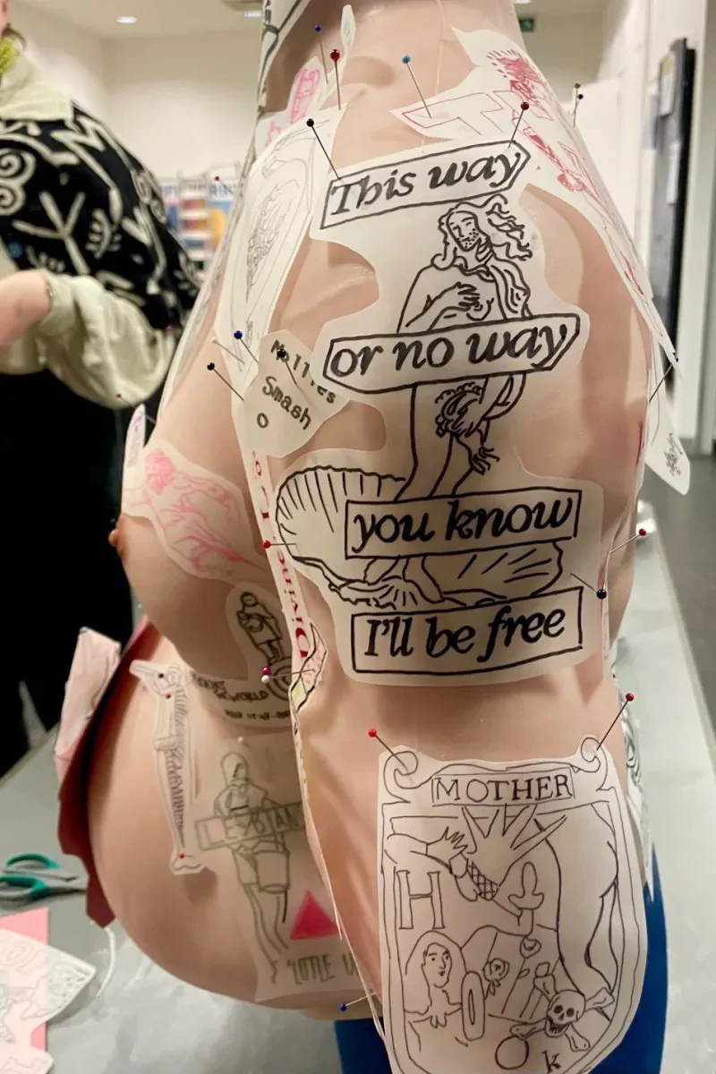 Guides for the 'tattoos' pinned to the torso during the making of Queering Piracy